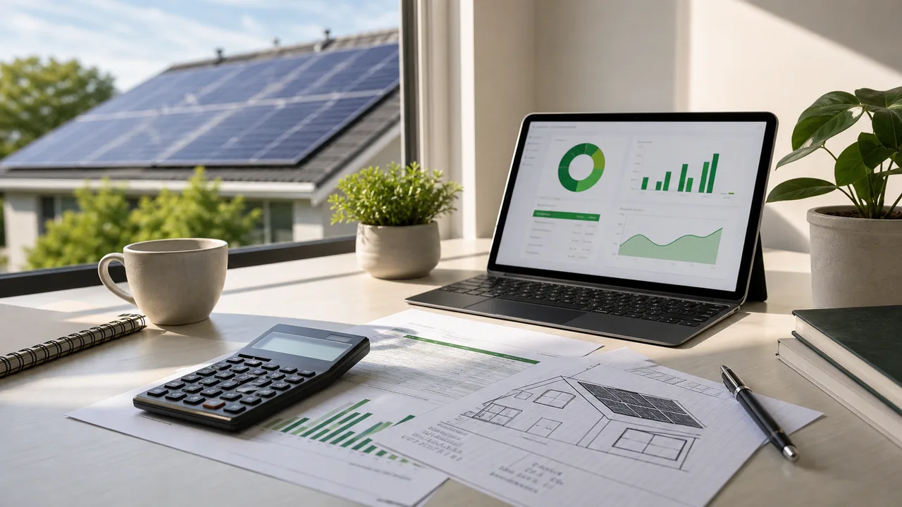 Solar planning desk with calculator, roof layout notes, and rooftop solar panels outside a window