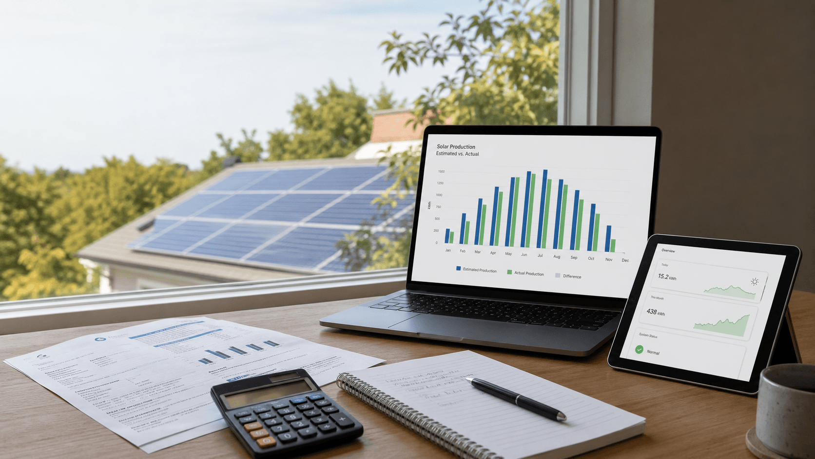 Solar production monitoring dashboard compared with utility paperwork and rooftop panels