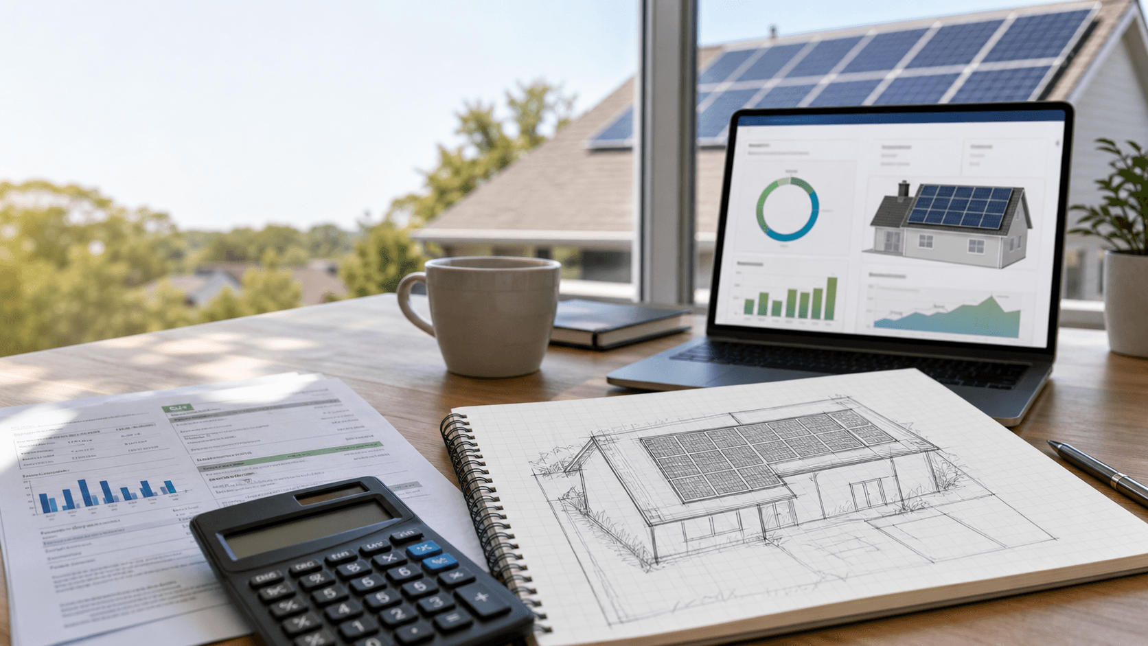 Solar system sizing plan with utility bill, calculator, laptop dashboard, and rooftop panels