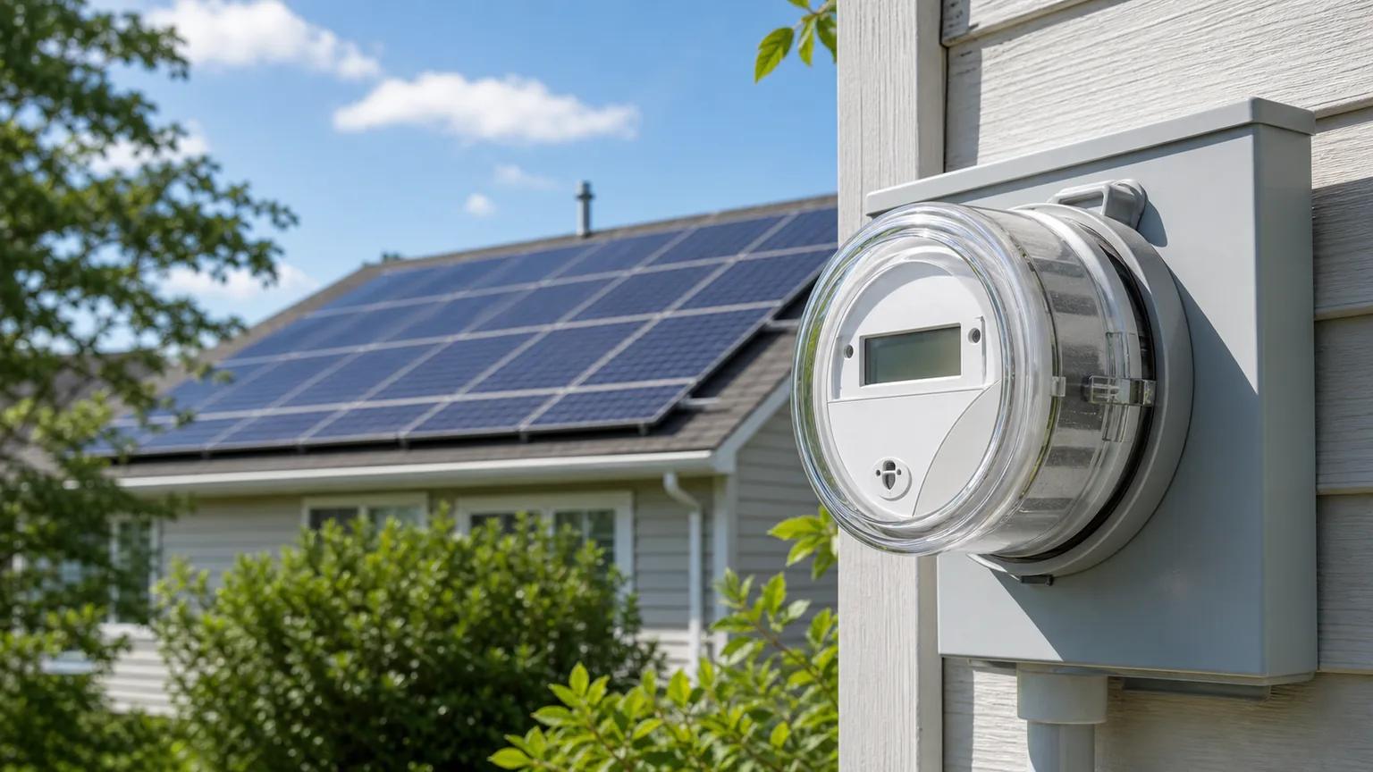 Electric utility meter on a home exterior with rooftop solar panels in the background