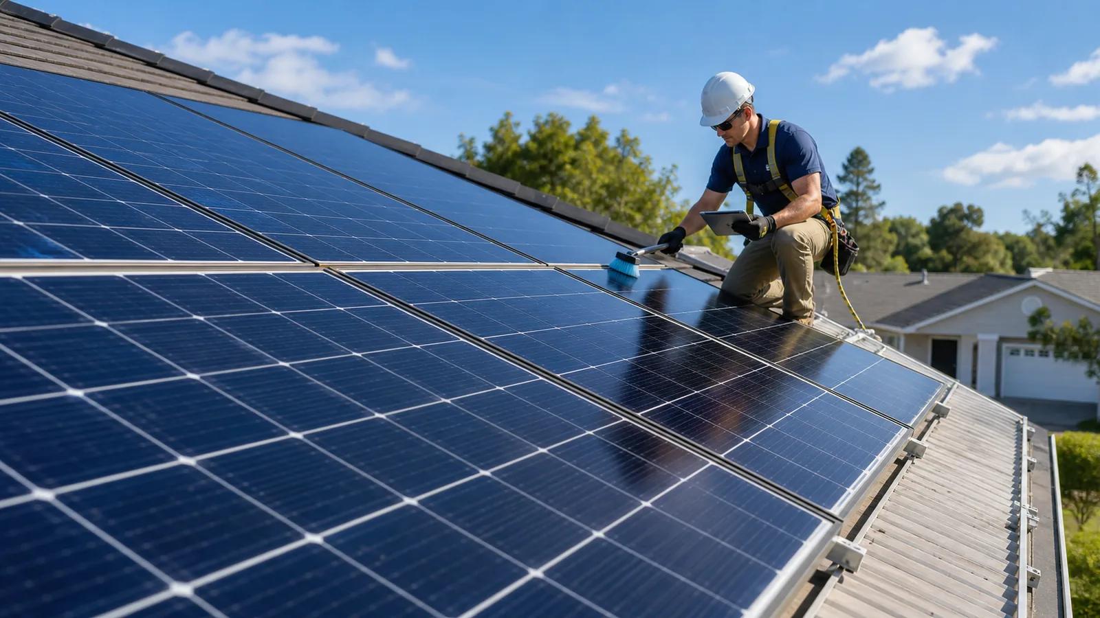Clean rooftop solar panels being inspected for routine maintenance