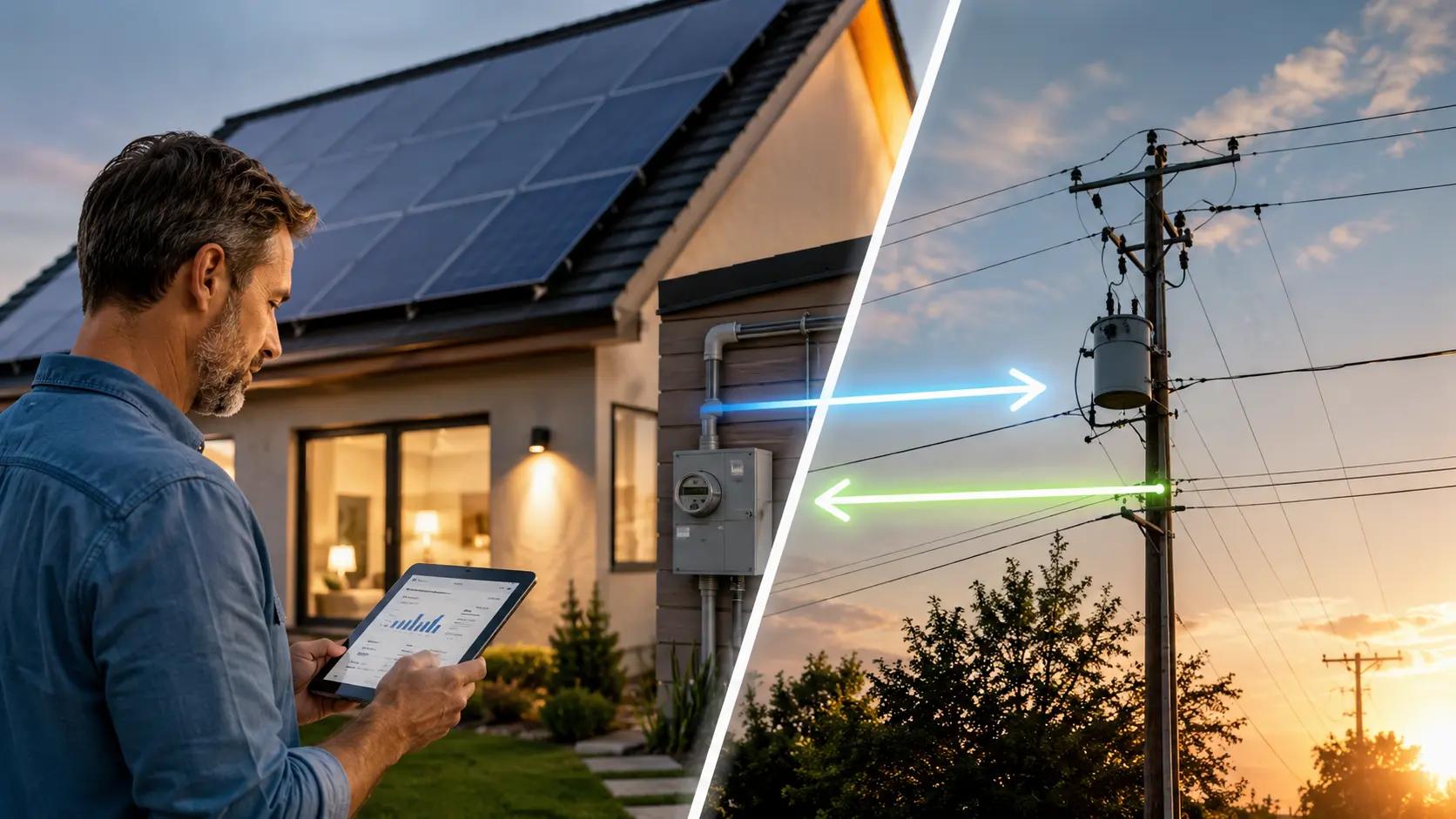 Residential home with rooftop solar panels exporting electricity to the utility grid while a homeowner compares net metering and net billing options.