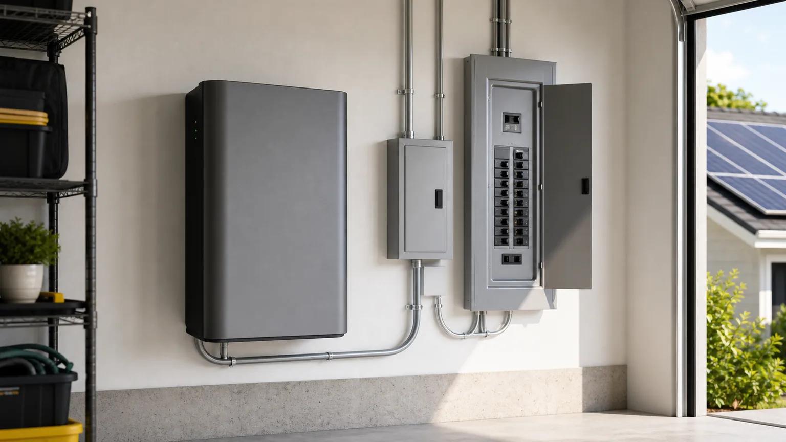 Home battery backup system mounted beside a critical-loads electrical panel