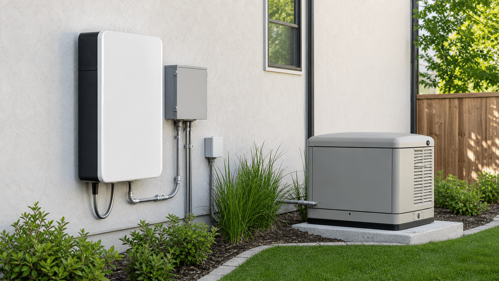 Home battery unit and standby generator shown as two backup power options beside a residence