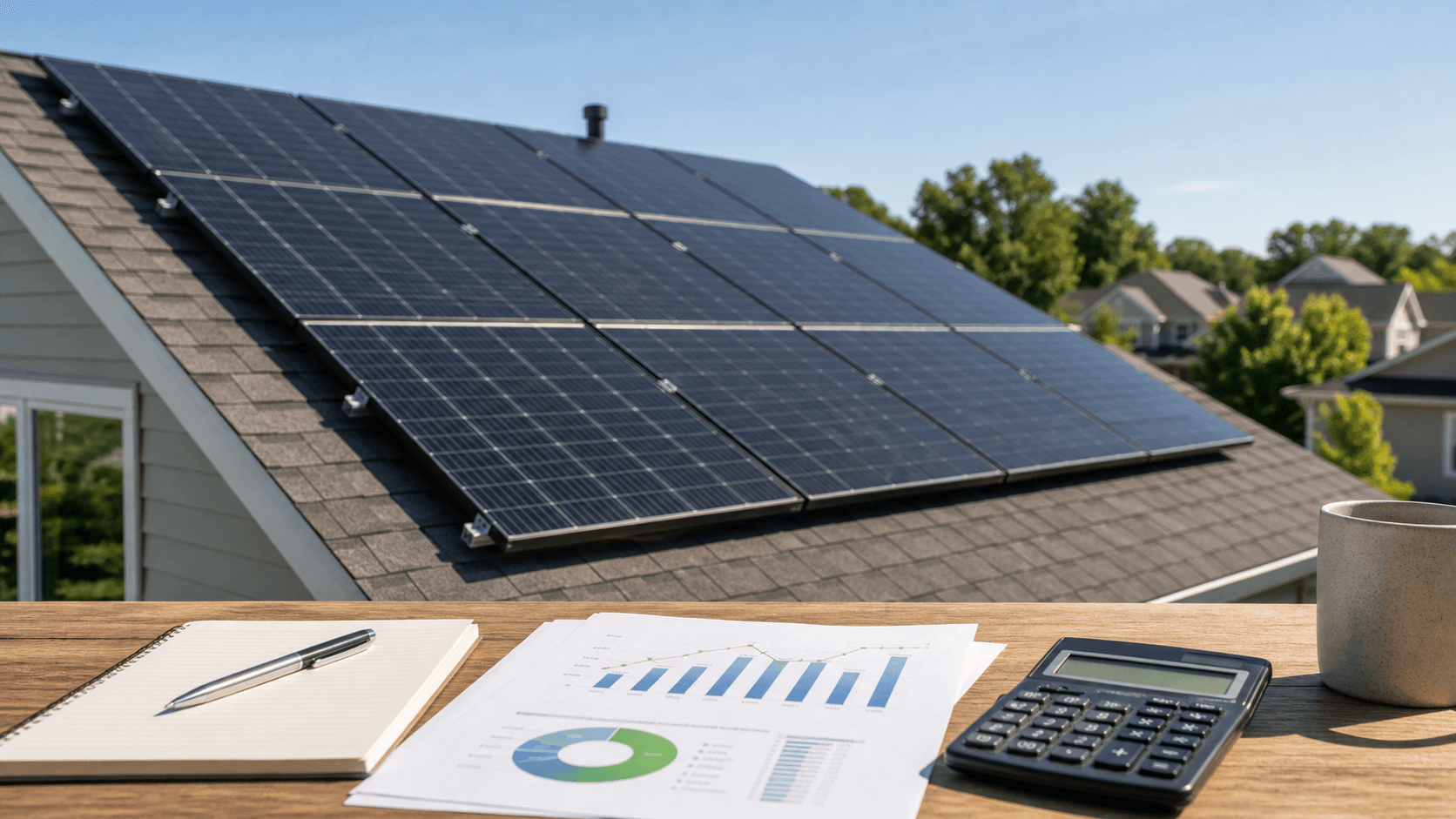 Residential rooftop solar panels with planning notes and calculator on a desk for long-term output review