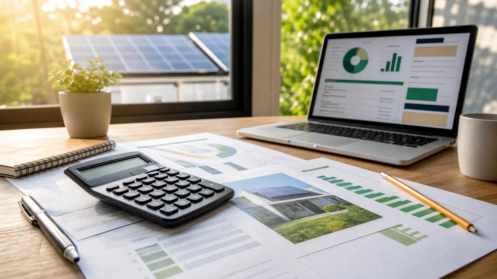 Solar payback planning desk with utility bill, calculator, and proposal notes