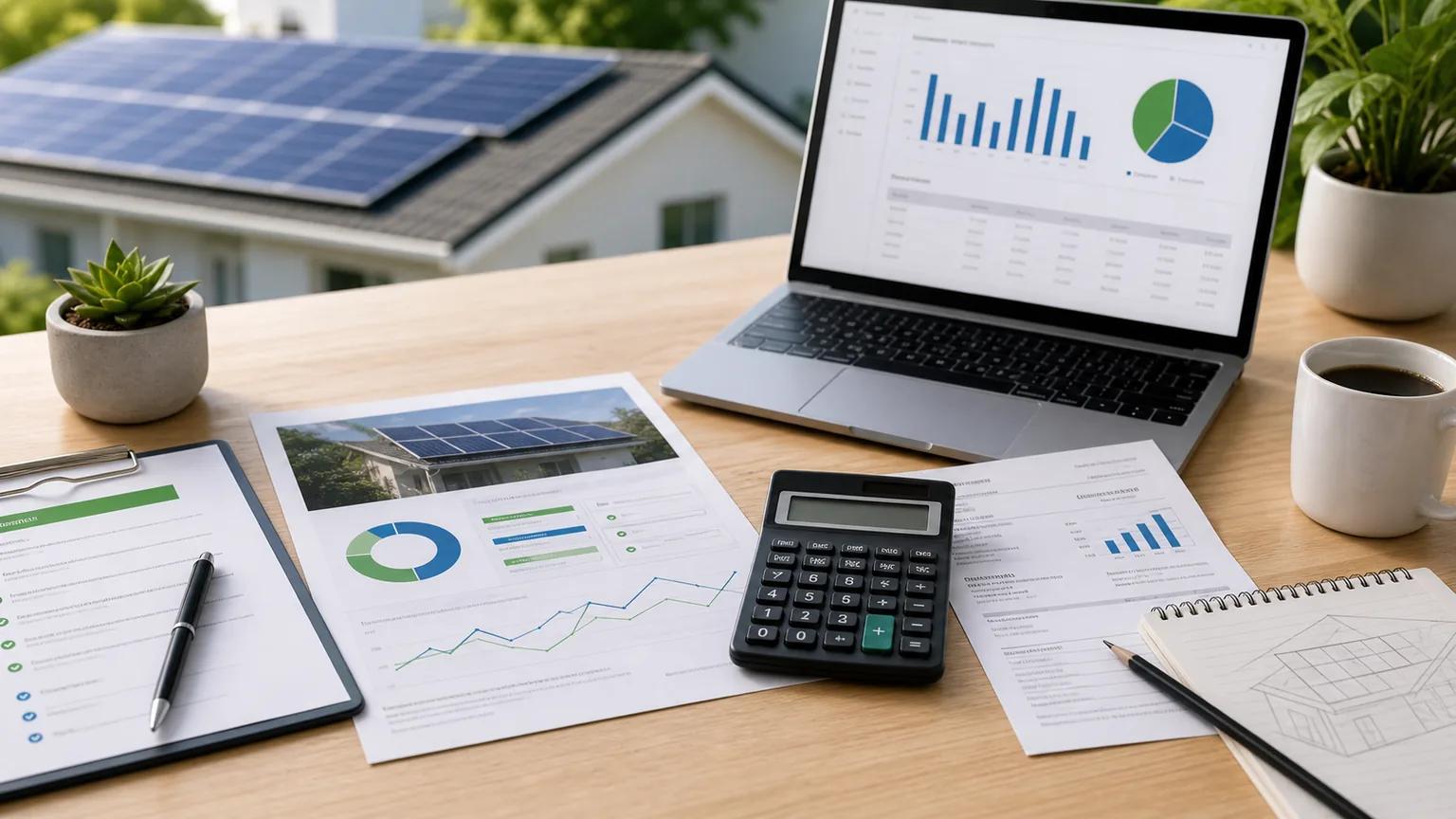 Solar installation quote, calculator, and electricity bill arranged on a desk for cost planning