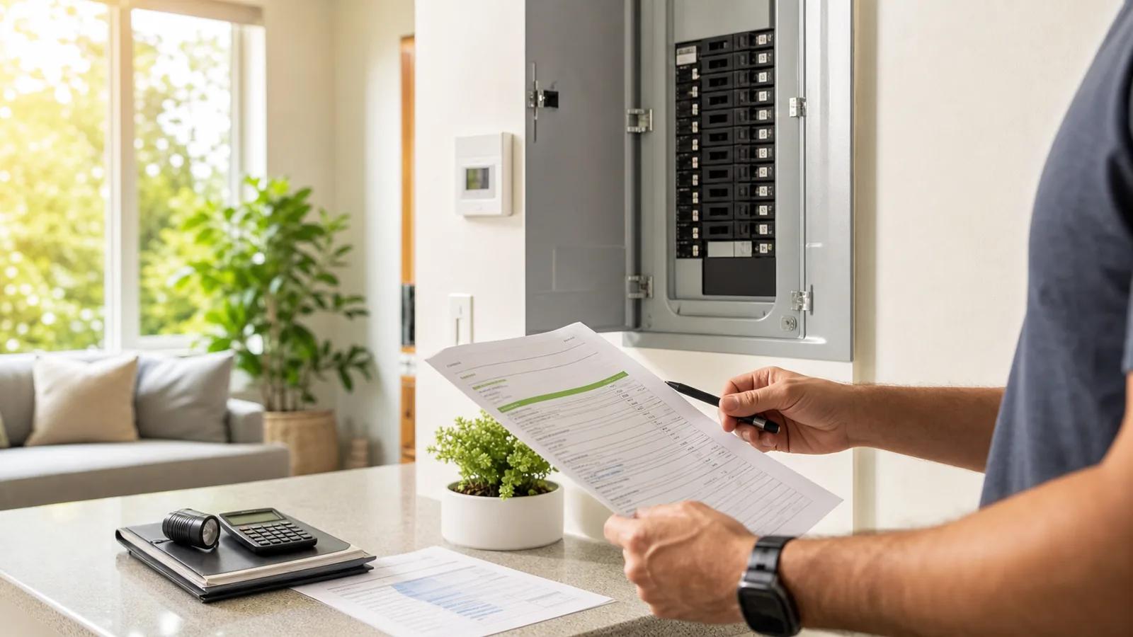 Home energy audit checklist beside a residential electrical panel