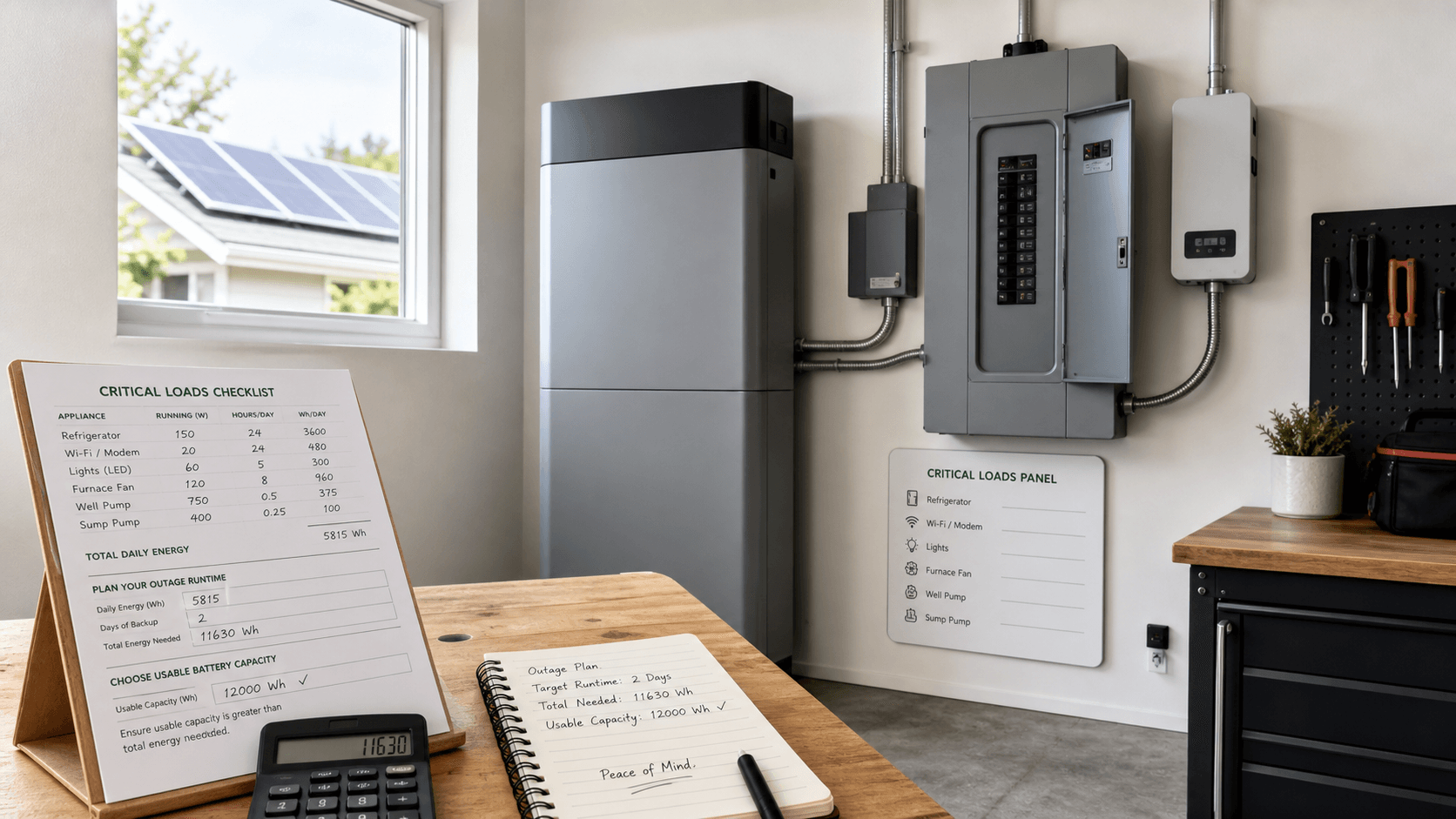 Home battery system and critical loads panel with planning checklist and calculator