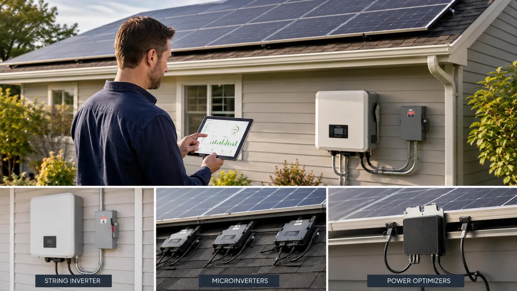Modern residential rooftop solar system with exterior inverter equipment installed beside a home.