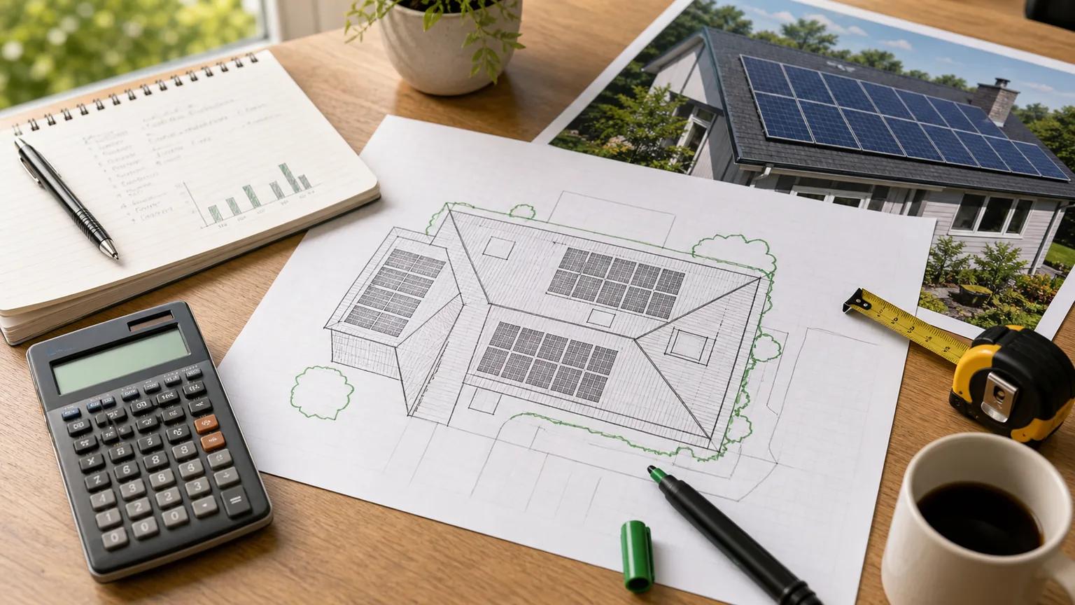 Residential roof plan with solar panel layout notes for estimating home system size