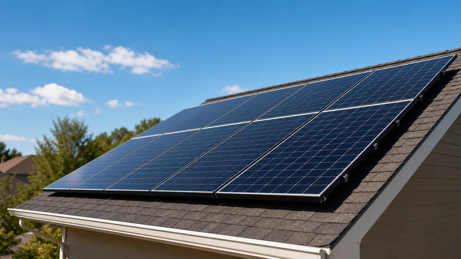 Close-up of clean rooftop solar panels on a residential roof in bright daylight