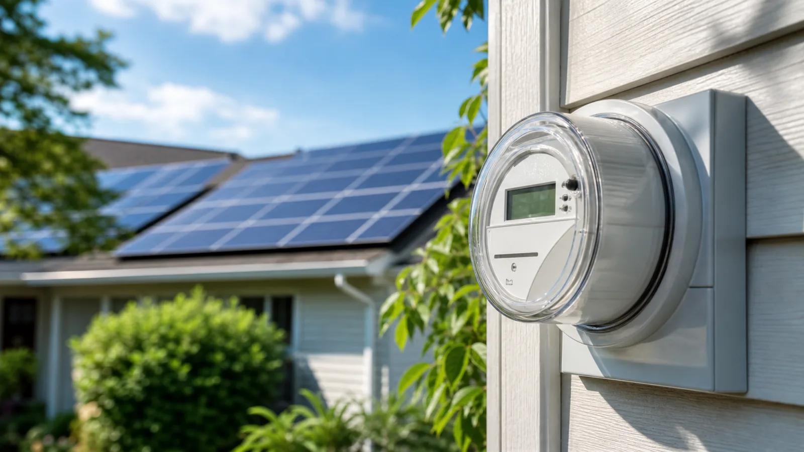 Smart electric meter with rooftop solar panels in the background