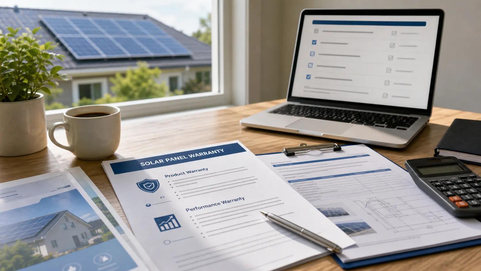 Solar warranty review desk with panel paperwork, calculator, and rooftop solar view for homeowner comparison