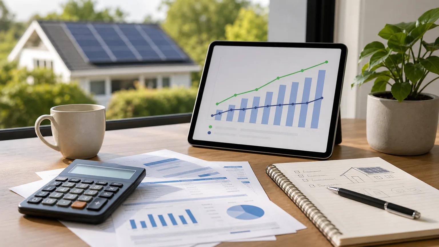 Electricity bill, calculator, and simple payback chart used for solar savings planning