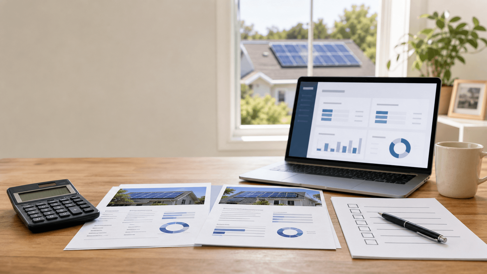 Solar proposal review desk with comparison documents, calculator, and a rooftop solar view for homeowner checklist planning