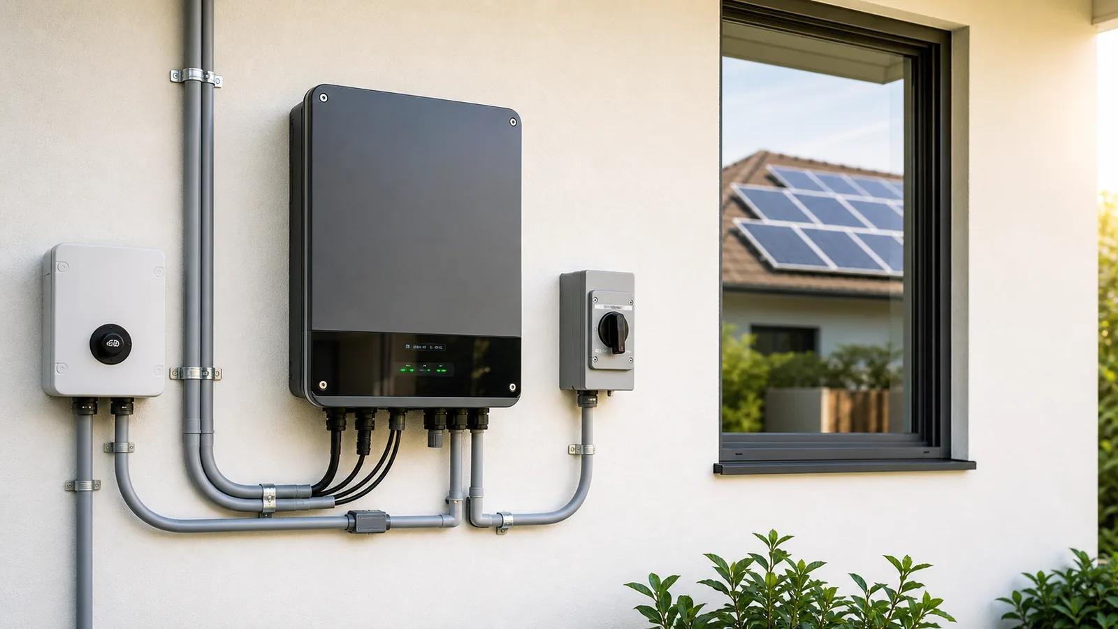 Residential solar inverter and monitoring equipment on a utility wall