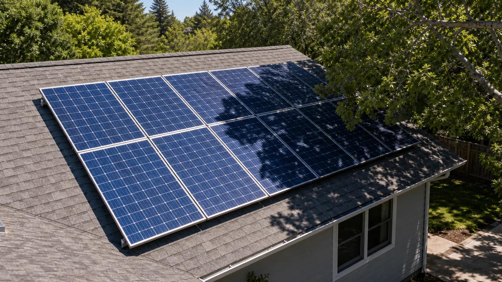 Rooftop solar panels partially shaded by a nearby tree