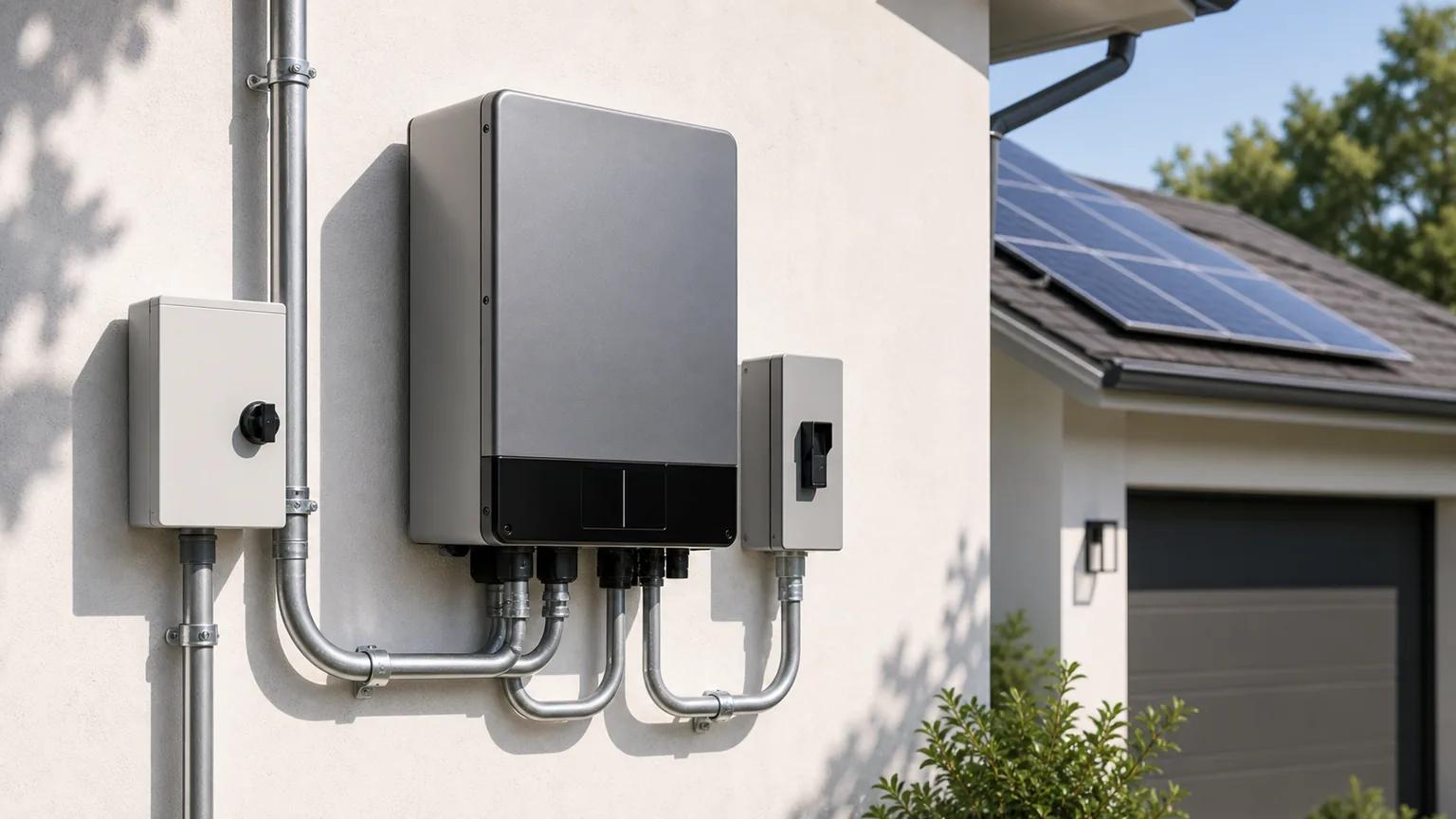 Residential solar inverter with conduit mounted on an exterior wall near rooftop panels