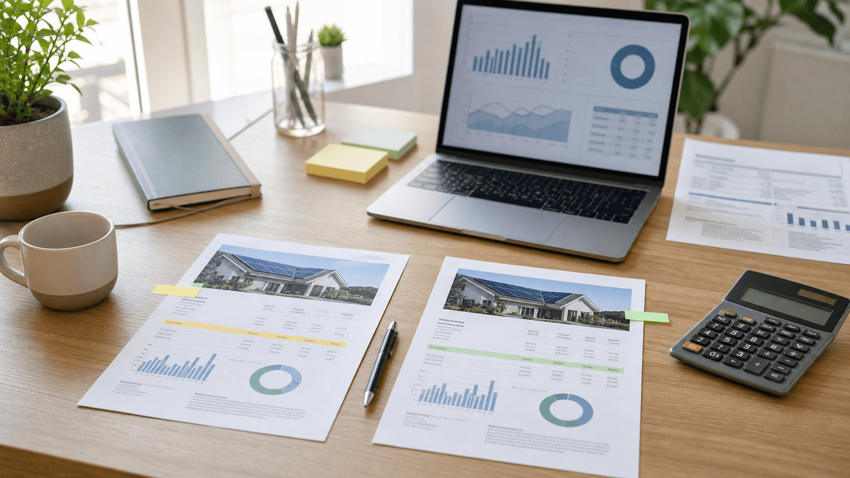 Two residential solar proposals, a calculator, and planning notes arranged for quote comparison