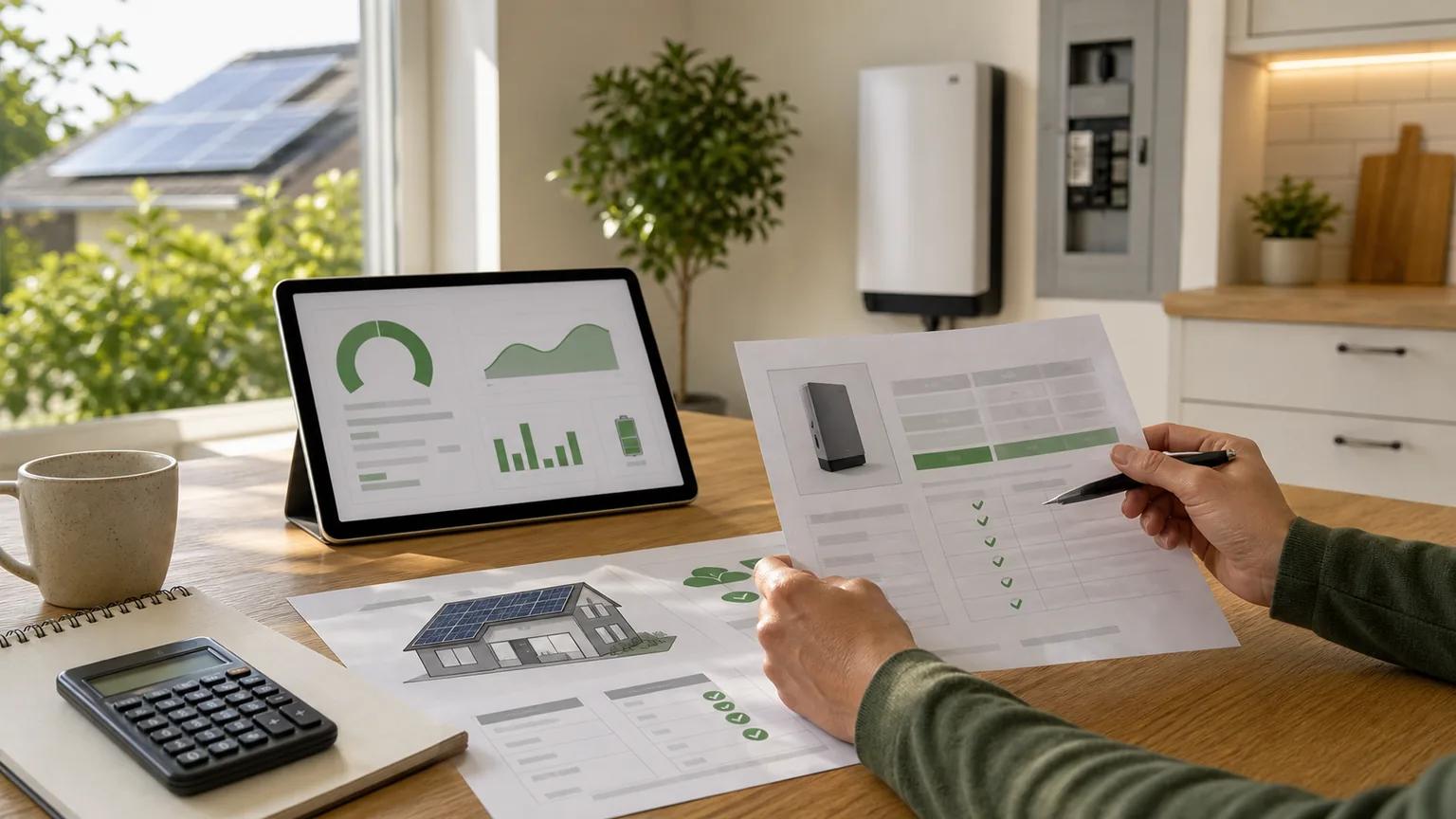 Homeowner reviewing solar battery quote documents and backup-load notes at a kitchen table