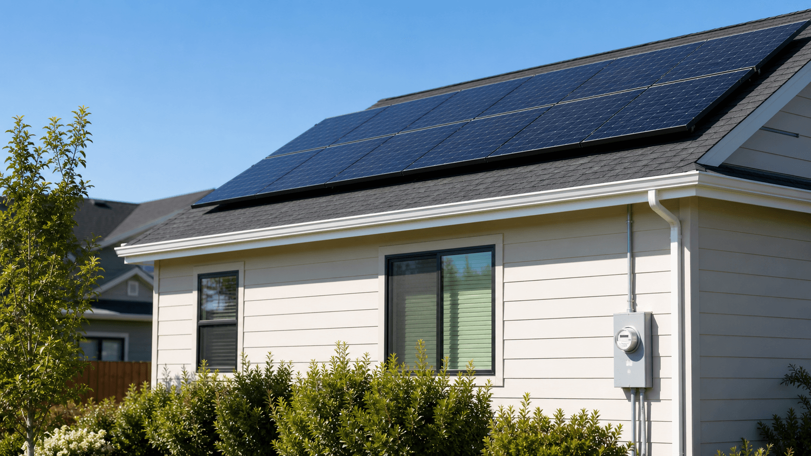 Residential solar panels on a rooftop with no visible battery system and a daytime utility meter
