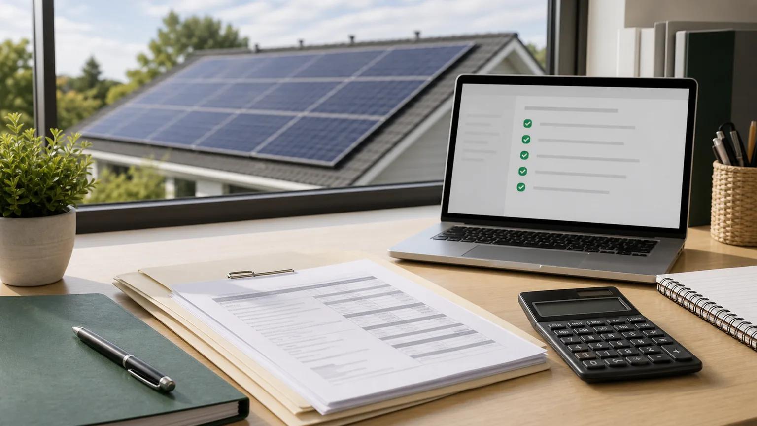 Solar tax incentive planning documents with rooftop panels visible through a window