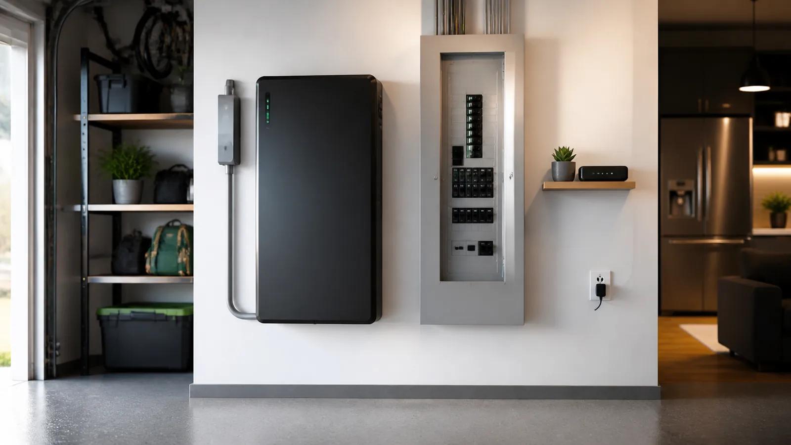 Wall mounted home solar battery beside a critical loads electrical panel