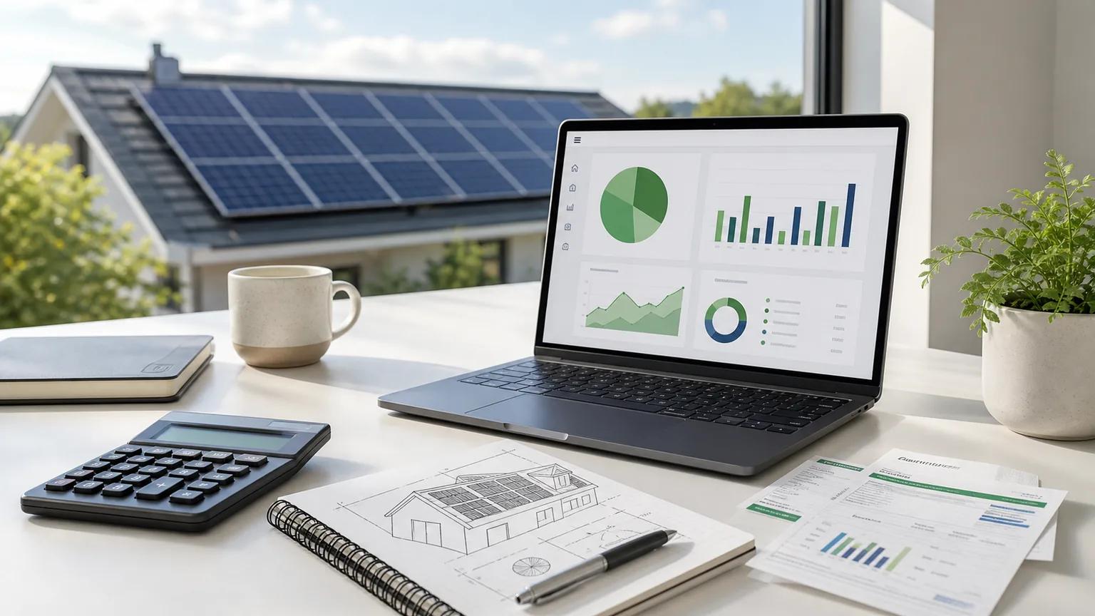Solar ROI planning dashboard with calculator, proposal notes, and rooftop panels in the background