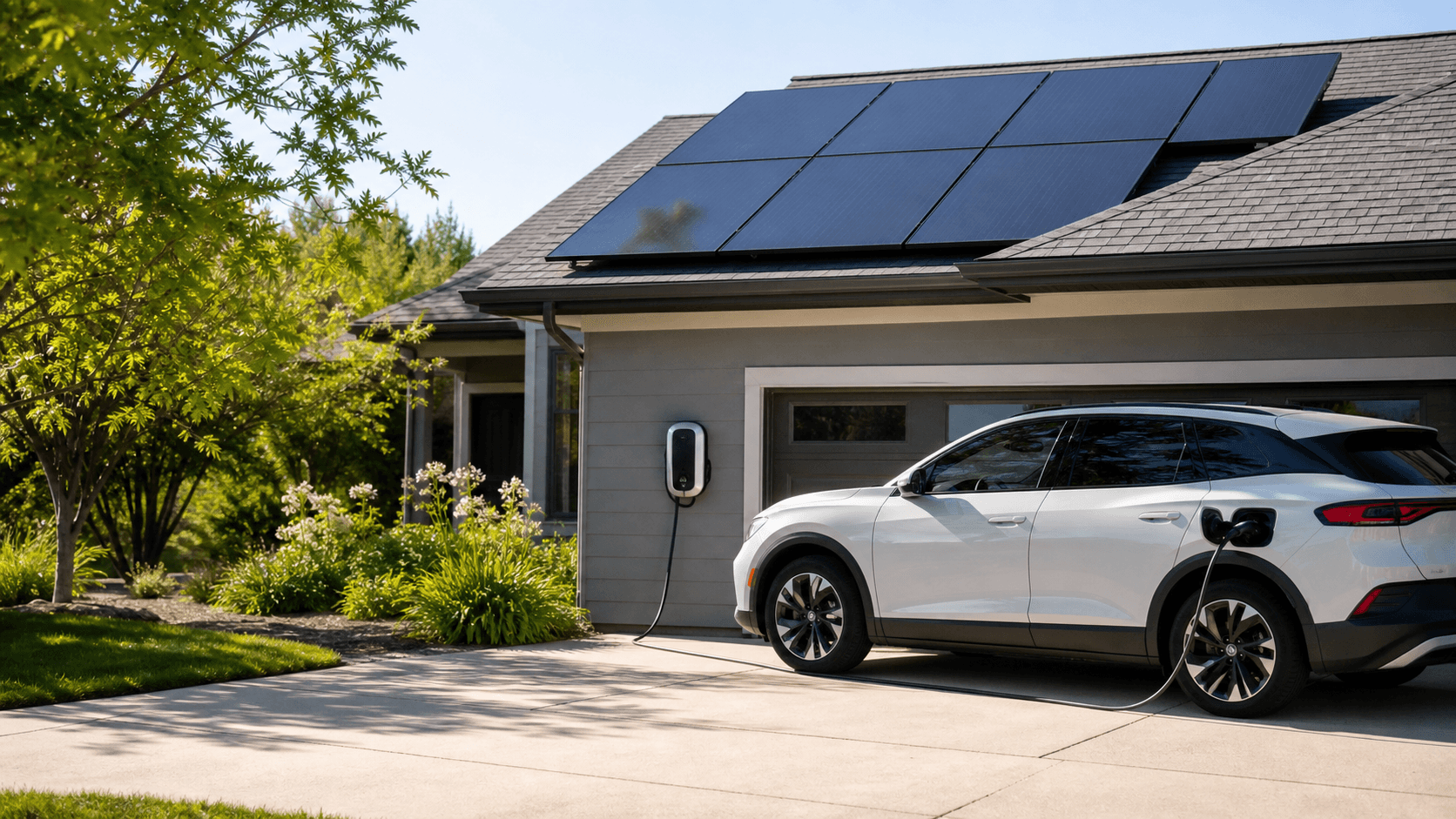 Electric vehicle charging in a home driveway beside a garage with rooftop solar panels
